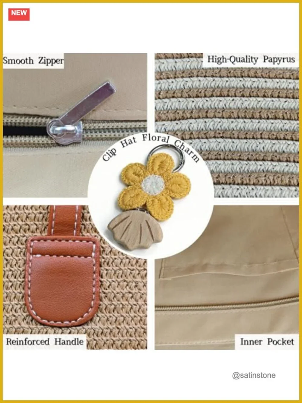 Straw Wide Brim Sun Hat & Woven Bag Set with Clip